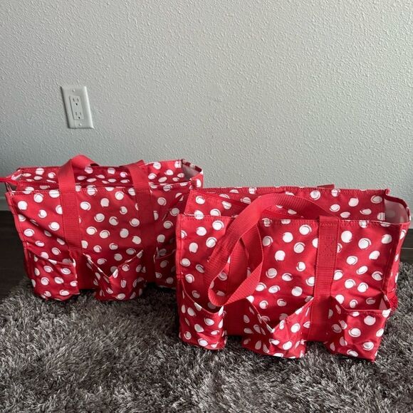 Thirty One Zip-Top Organizing Utility Tote Bag Red/White Swirl Dot “joy” - EUC - Picture 1 of 7